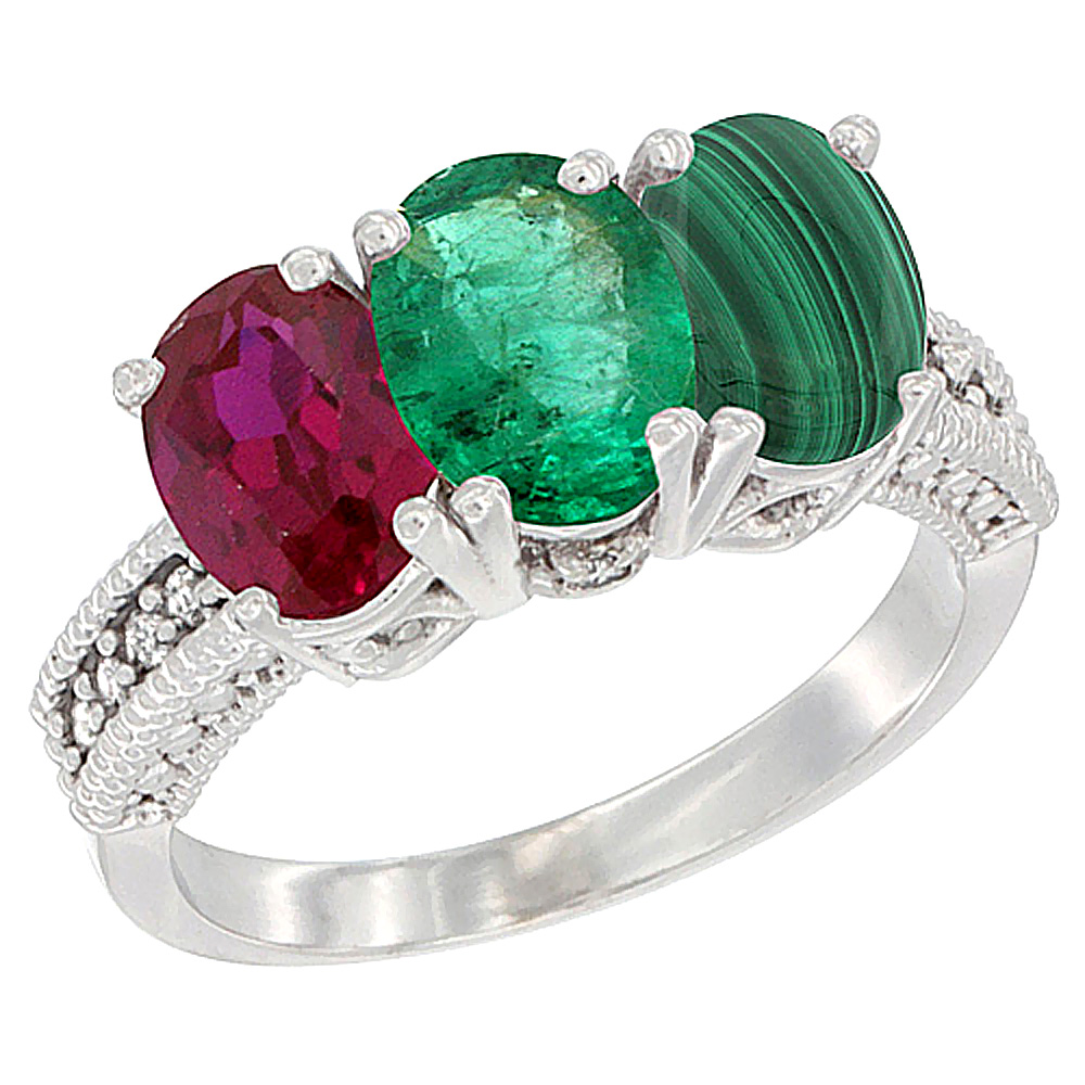 14K White Gold Enhanced Enhanced Ruby, Natural Emerald & Malachite Ring 3-Stone Oval 7x5 mm Diamond Accent, sizes 5 - 10
