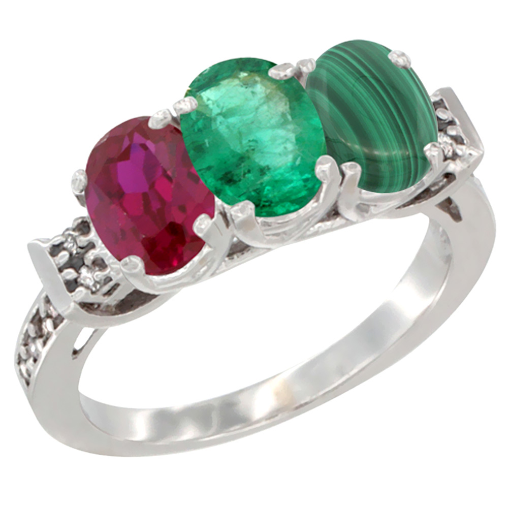 14K White Gold Enhanced Ruby, Natural Emerald & Malachite Ring 3-Stone Oval 7x5 mm Diamond Accent, sizes 5 - 10