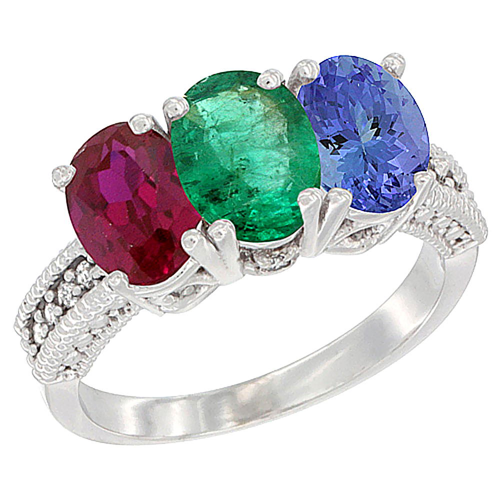 10K White Gold Enhanced Ruby, Natural Emerald &amp; Tanzanite Ring 3-Stone Oval 7x5 mm Diamond Accent, sizes 5 - 10