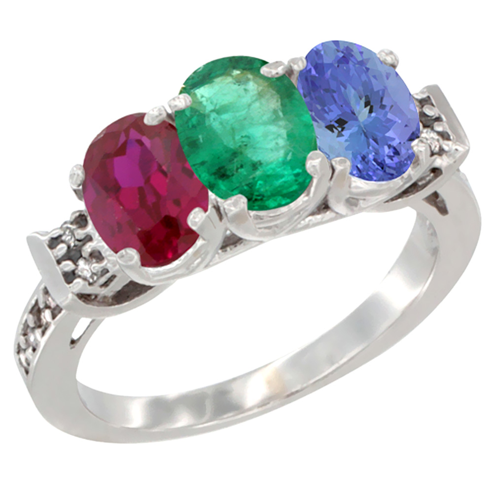 10K White Gold Enhanced Ruby, Natural Emerald &amp; Tanzanite Ring 3-Stone Oval 7x5 mm Diamond Accent, sizes 5 - 10