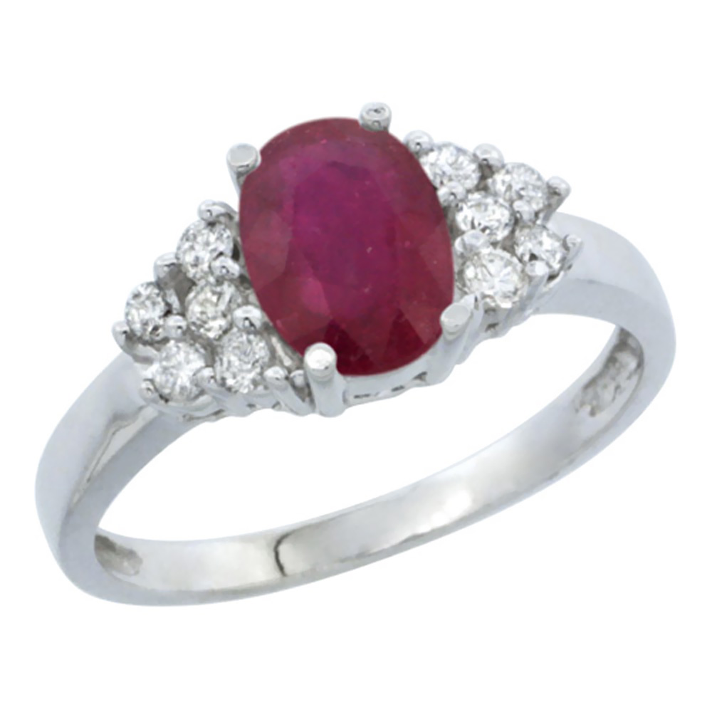 14K White Gold Natural High Quality Ruby Ring Oval 8x6mm Diamond Accent, sizes 5-10