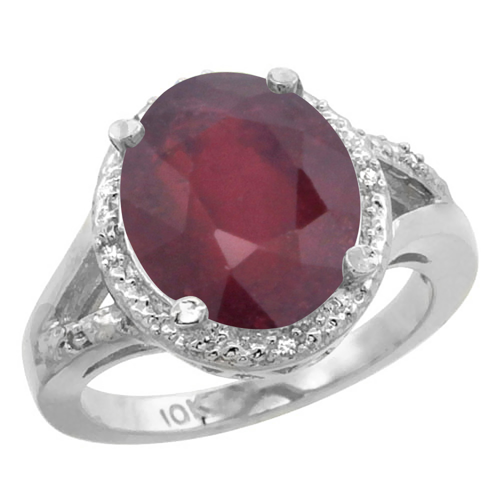 10K White Gold Enhanced Ruby Ring Oval 12x10mm Diamond Accent, sizes 5-10