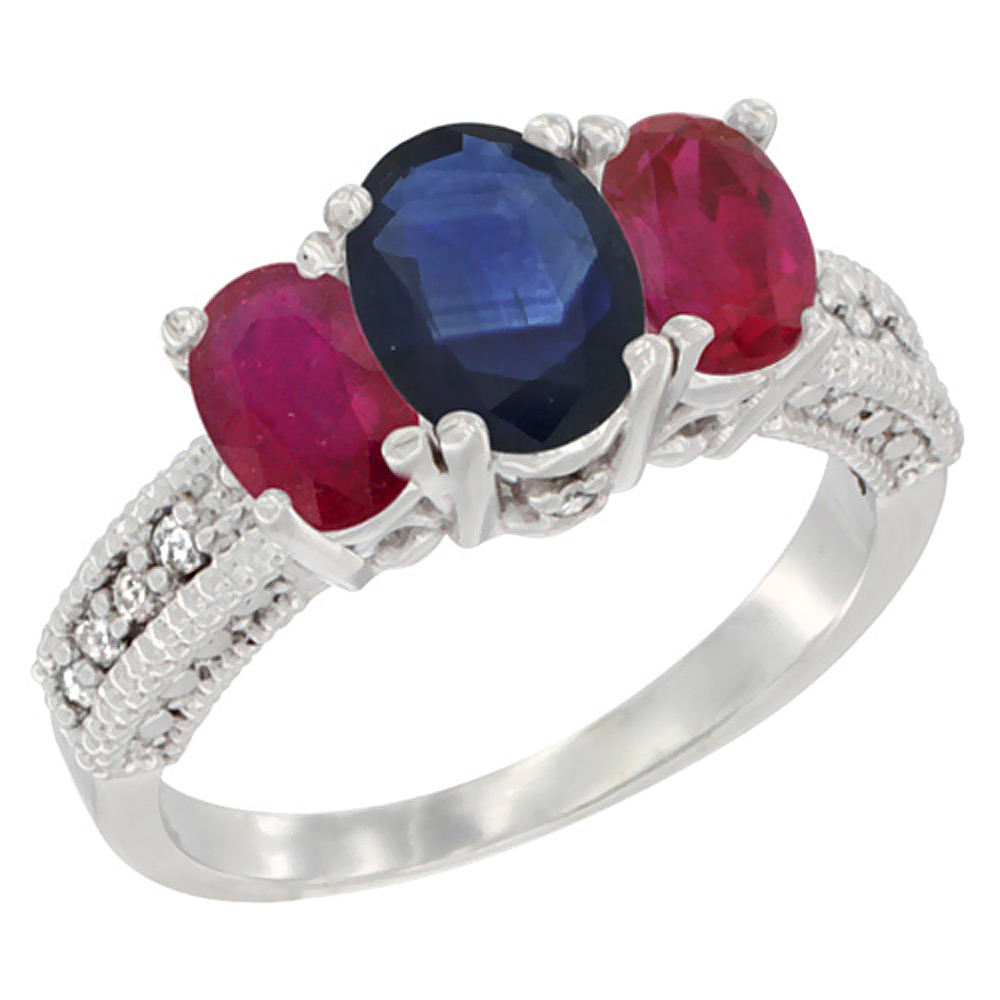 14K White Gold Diamond Natural Blue Sapphire Ring Oval 3-stone with Enhanced Ruby, sizes 5 - 10