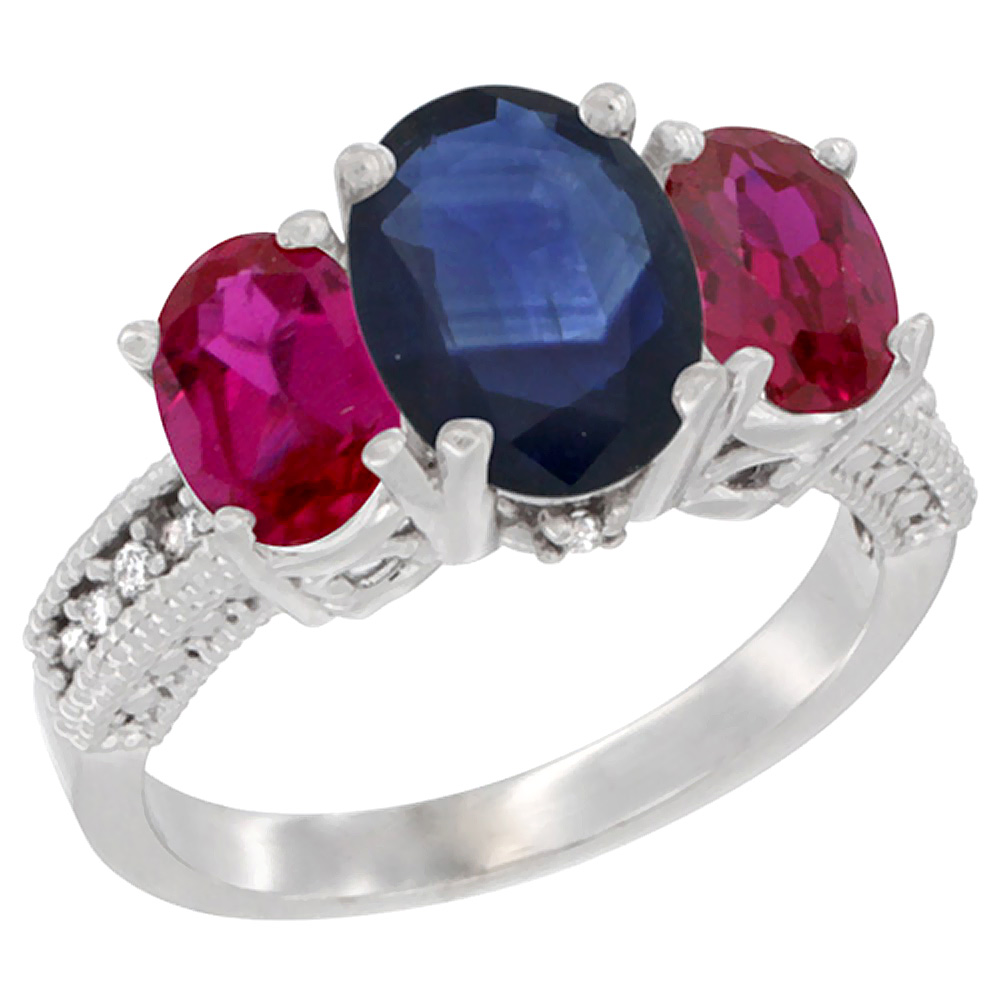 10K White Gold Diamond Natural Quality Blue Sapphire 3-stone Mothers Ring Oval 8x6mm with Ruby, size5-10