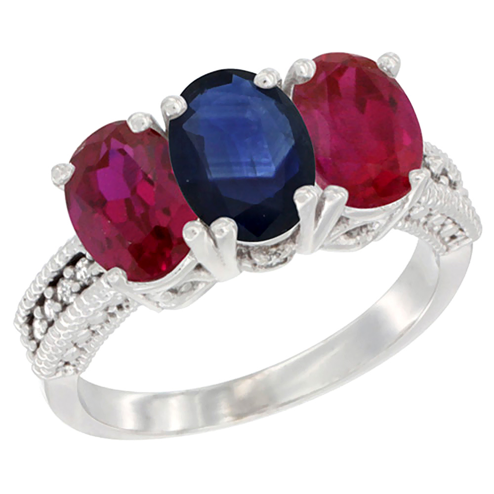 14K White Gold Natural Blue Sapphire &amp; Enhanced Ruby Sides Ring 3-Stone Oval 7x5 mm Diamond Accent, sizes 5 - 10