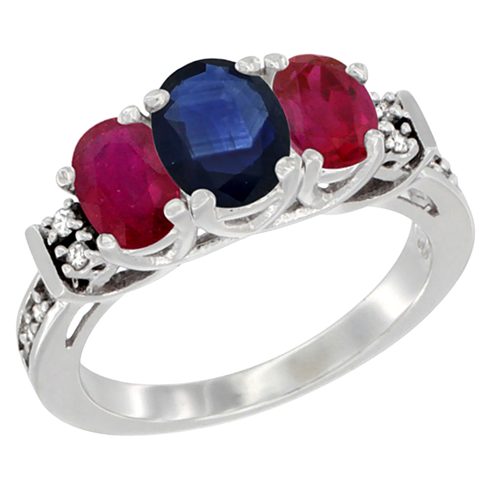 14K White Gold Natural Blue Sapphire &amp; Enhanced Ruby Ring 3-Stone Oval Diamond Accent, sizes 5-10