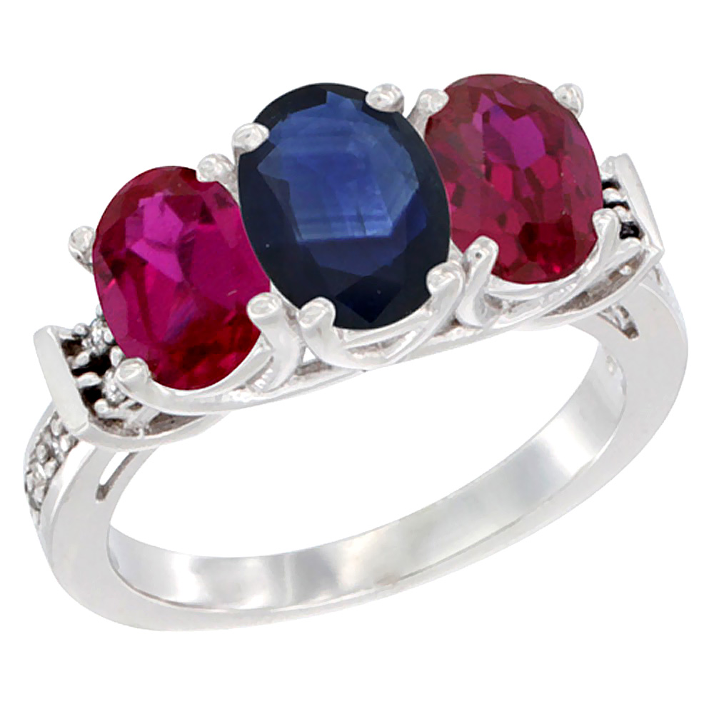 10K White Gold Natural Blue Sapphire & Enhanced Ruby Sides Ring 3-Stone Oval Diamond Accent, sizes 5 - 10