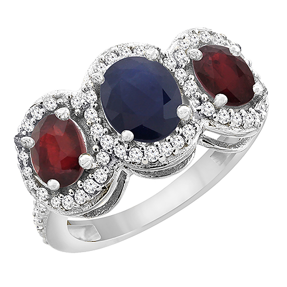 14K White Gold Natural Blue Sapphire & Enhanced Ruby 3-Stone Ring Oval Diamond Accent, sizes 5 - 10
