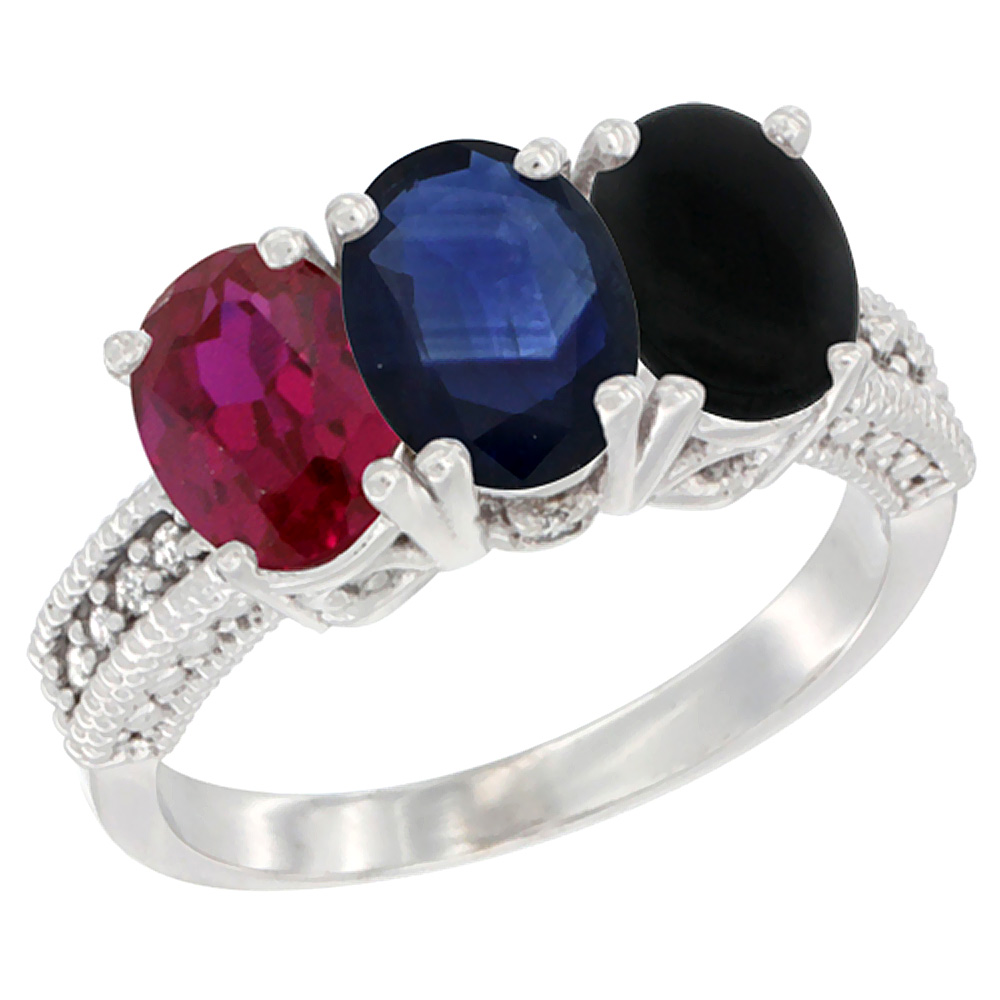 10K White Gold Enhanced Ruby, Natural Blue Sapphire & Black Onyx Ring 3-Stone Oval 7x5 mm Diamond Accent, sizes 5 - 10