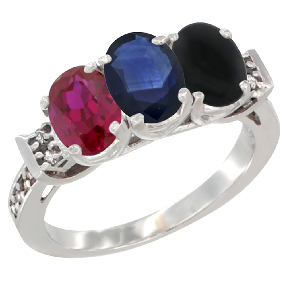 10K White Gold Enhanced Ruby, Natural Blue Sapphire &amp; Black Onyx Ring 3-Stone Oval 7x5 mm Diamond Accent, sizes 5 - 10