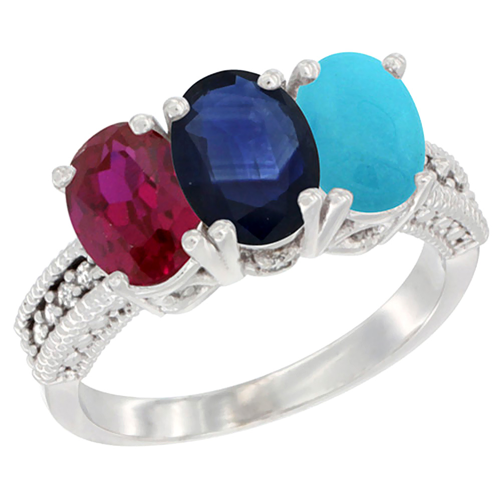 14K White Gold Enhanced Enhanced Ruby, Natural Blue Sapphire &amp; Turquoise Ring 3-Stone Oval 7x5 mm Diamond Accent, sizes 5 - 10
