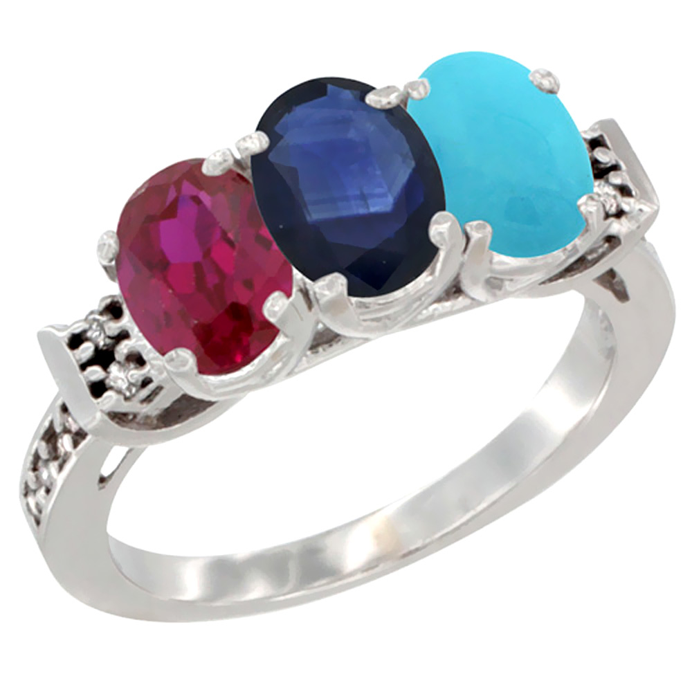 14K White Gold Enhanced Ruby, Natural Blue Sapphire & Turquoise Ring 3-Stone Oval 7x5 mm Diamond Accent, sizes 5 - 10