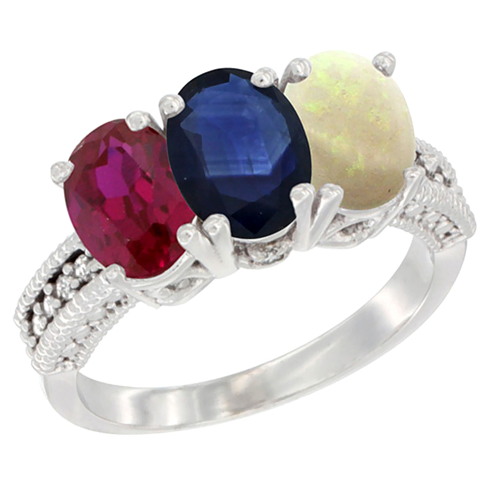 14K White Gold Enhanced Enhanced Ruby, Natural Blue Sapphire & Opal Ring 3-Stone Oval 7x5 mm Diamond Accent, sizes 5 - 10