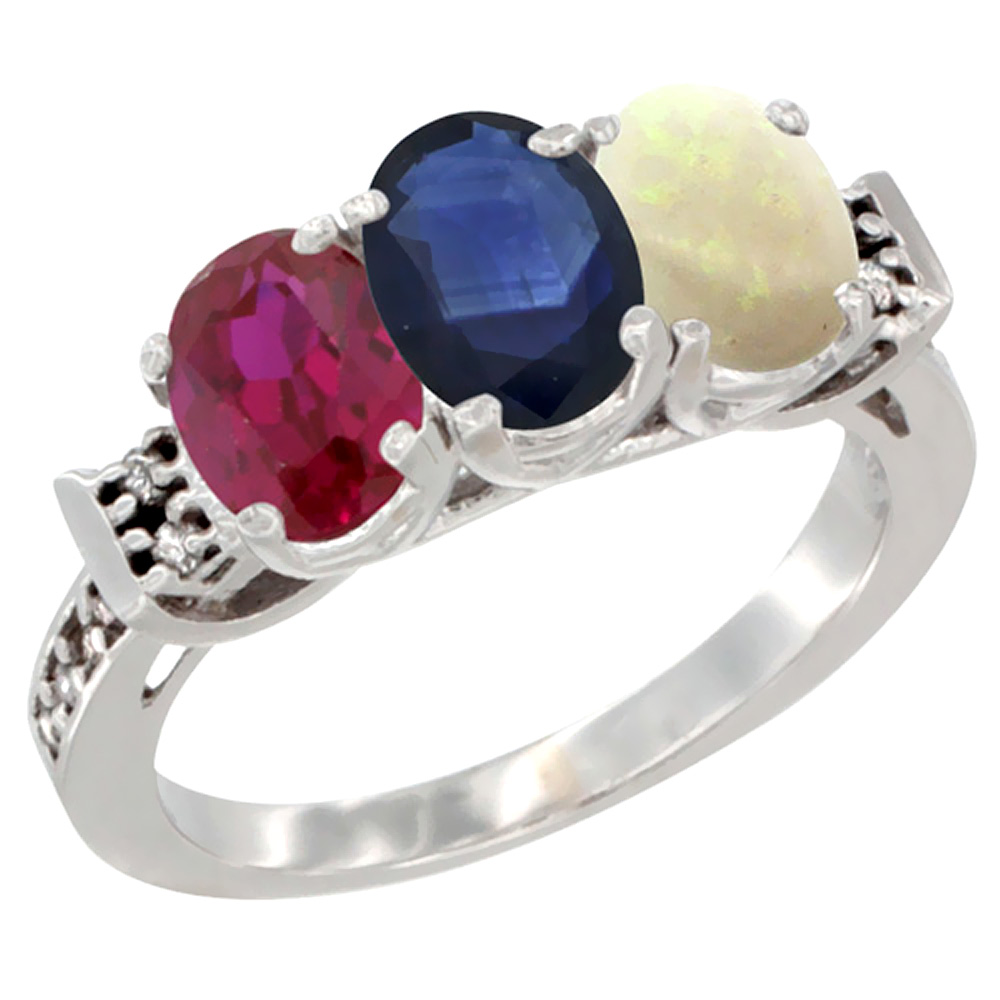 14K White Gold Enhanced Ruby, Natural Blue Sapphire &amp; Opal Ring 3-Stone Oval 7x5 mm Diamond Accent, sizes 5 - 10