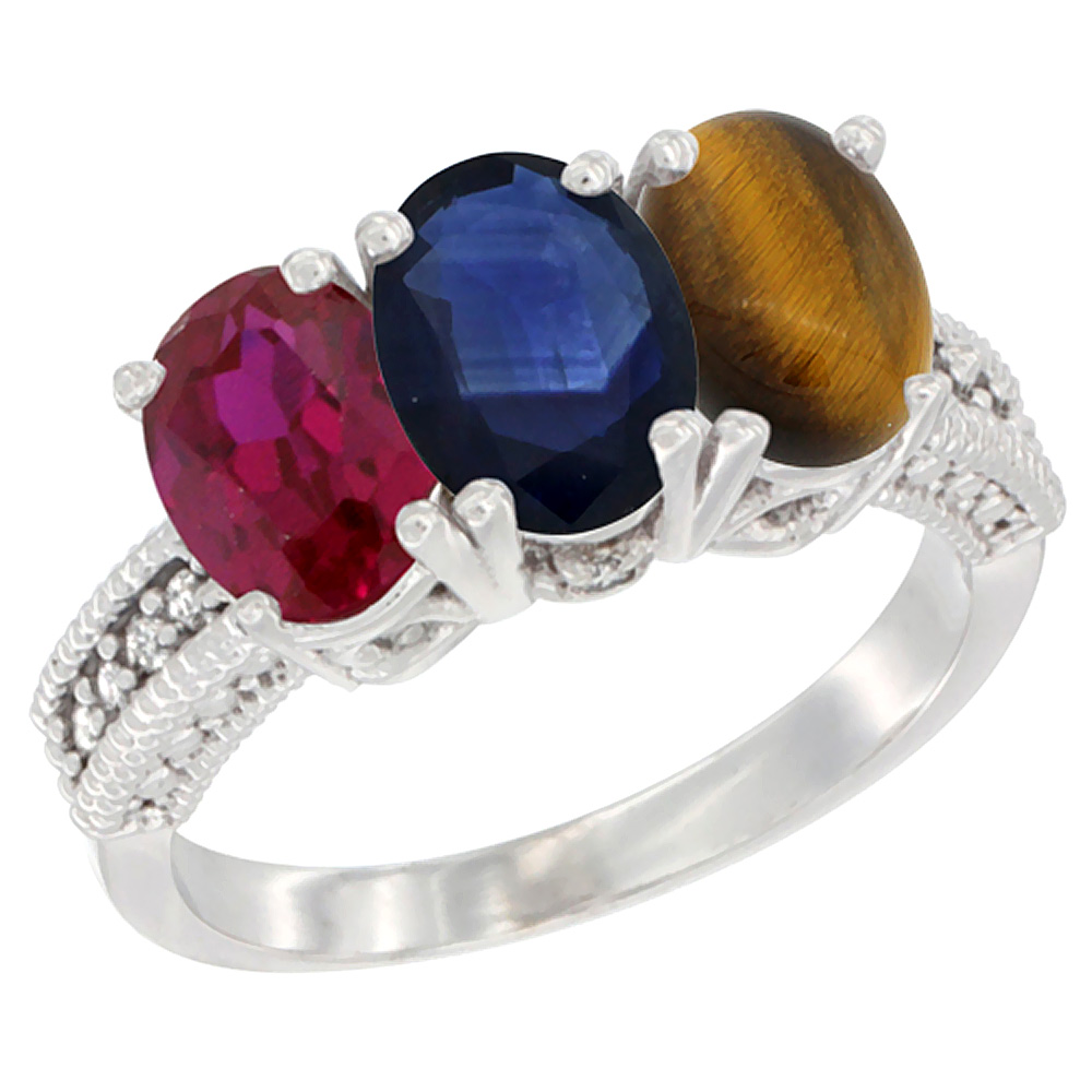 14K White Gold Enhanced Enhanced Ruby, Natural Blue Sapphire & Tiger Eye Ring 3-Stone Oval 7x5 mm Diamond Accent, sizes 5 - 10