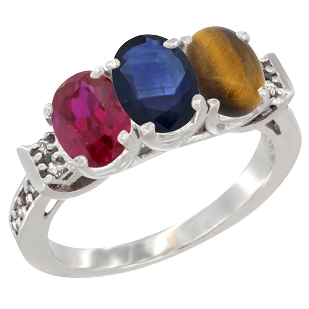 14K White Gold Enhanced Ruby, Natural Blue Sapphire & Tiger Eye Ring 3-Stone Oval 7x5 mm Diamond Accent, sizes 5 - 10