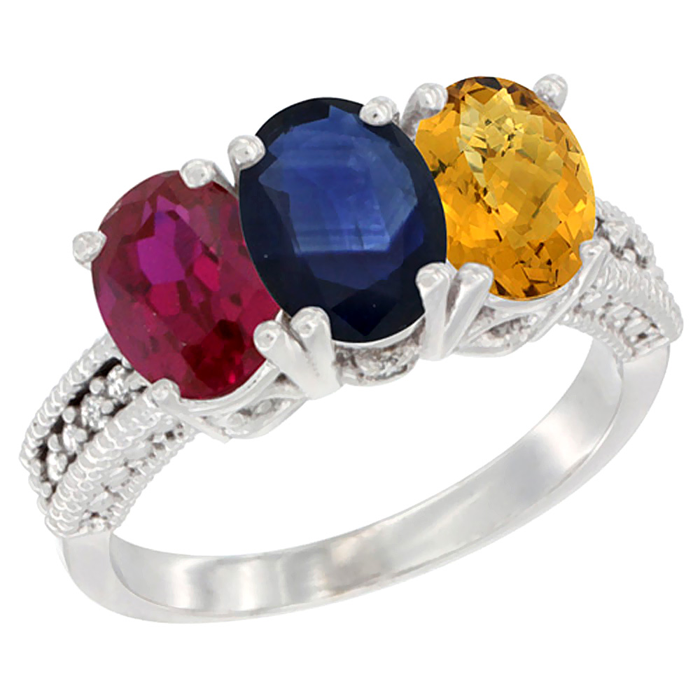 10K White Gold Enhanced Ruby, Natural Blue Sapphire &amp; Whisky Quartz Ring 3-Stone Oval 7x5 mm Diamond Accent, sizes 5 - 10