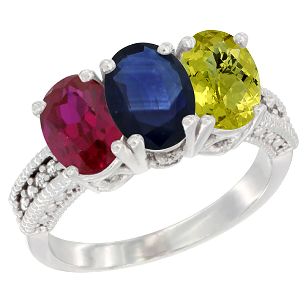 14K White Gold Enhanced Enhanced Ruby, Natural Blue Sapphire & Lemon Quartz Ring 3-Stone Oval 7x5 mm Diamond Accent, sizes 5 - 10