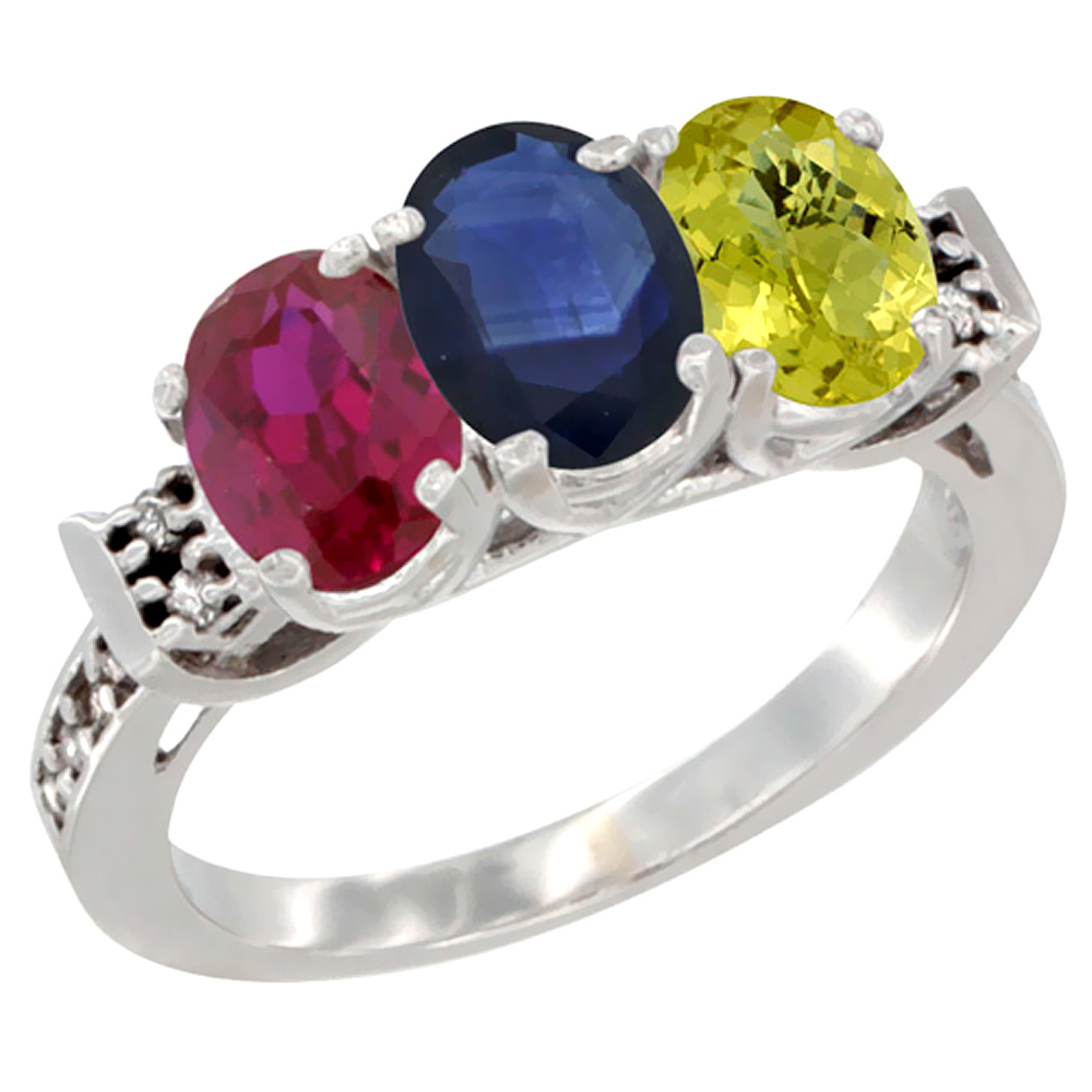 14K White Gold Enhanced Ruby, Natural Blue Sapphire & Lemon Quartz Ring 3-Stone Oval 7x5 mm Diamond Accent, sizes 5 - 10