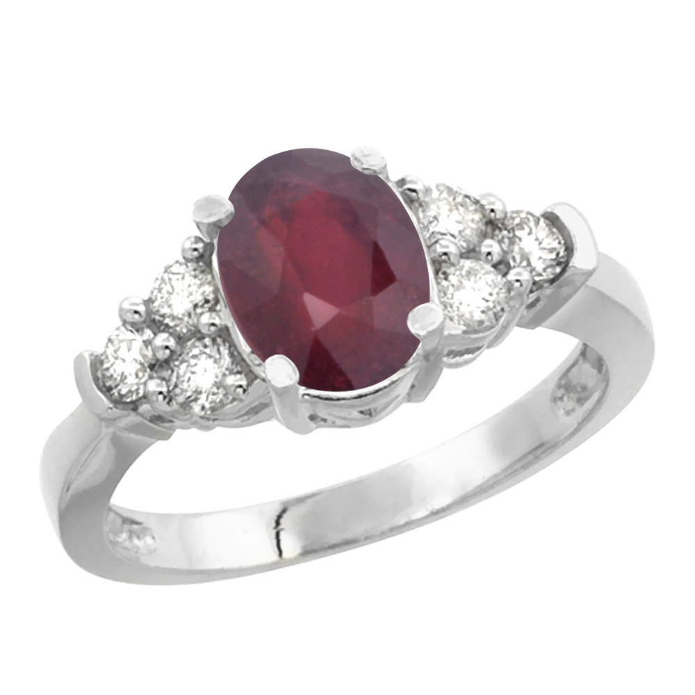 10K White Gold Enhanced Ruby Ring Oval 9x7mm Diamond Accent, sizes 5-10