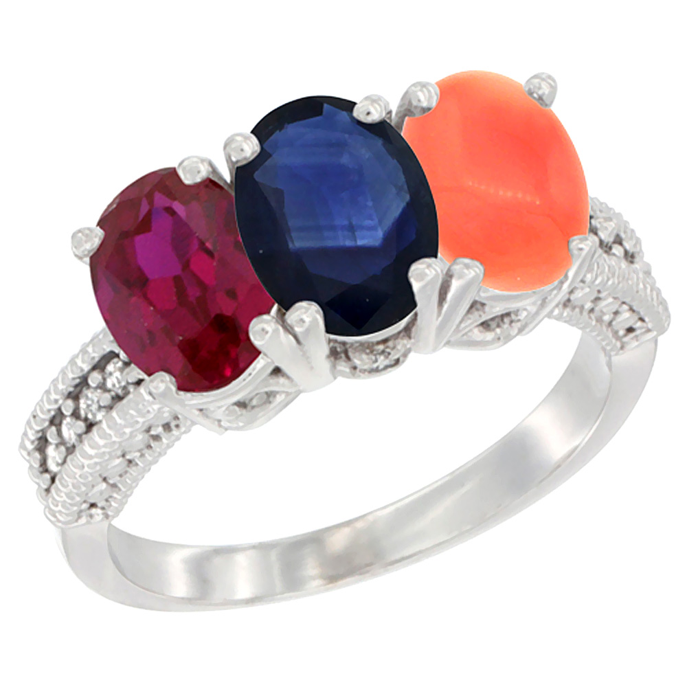 14K White Gold Enhanced Enhanced Ruby, Natural Blue Sapphire & Coral Ring 3-Stone Oval 7x5 mm Diamond Accent, sizes 5 - 10