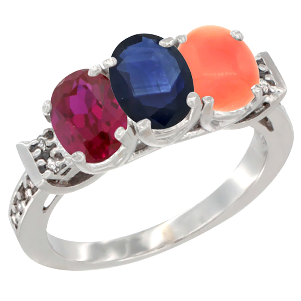 14K White Gold Enhanced Ruby, Natural Blue Sapphire &amp; Coral Ring 3-Stone Oval 7x5 mm Diamond Accent, sizes 5 - 10