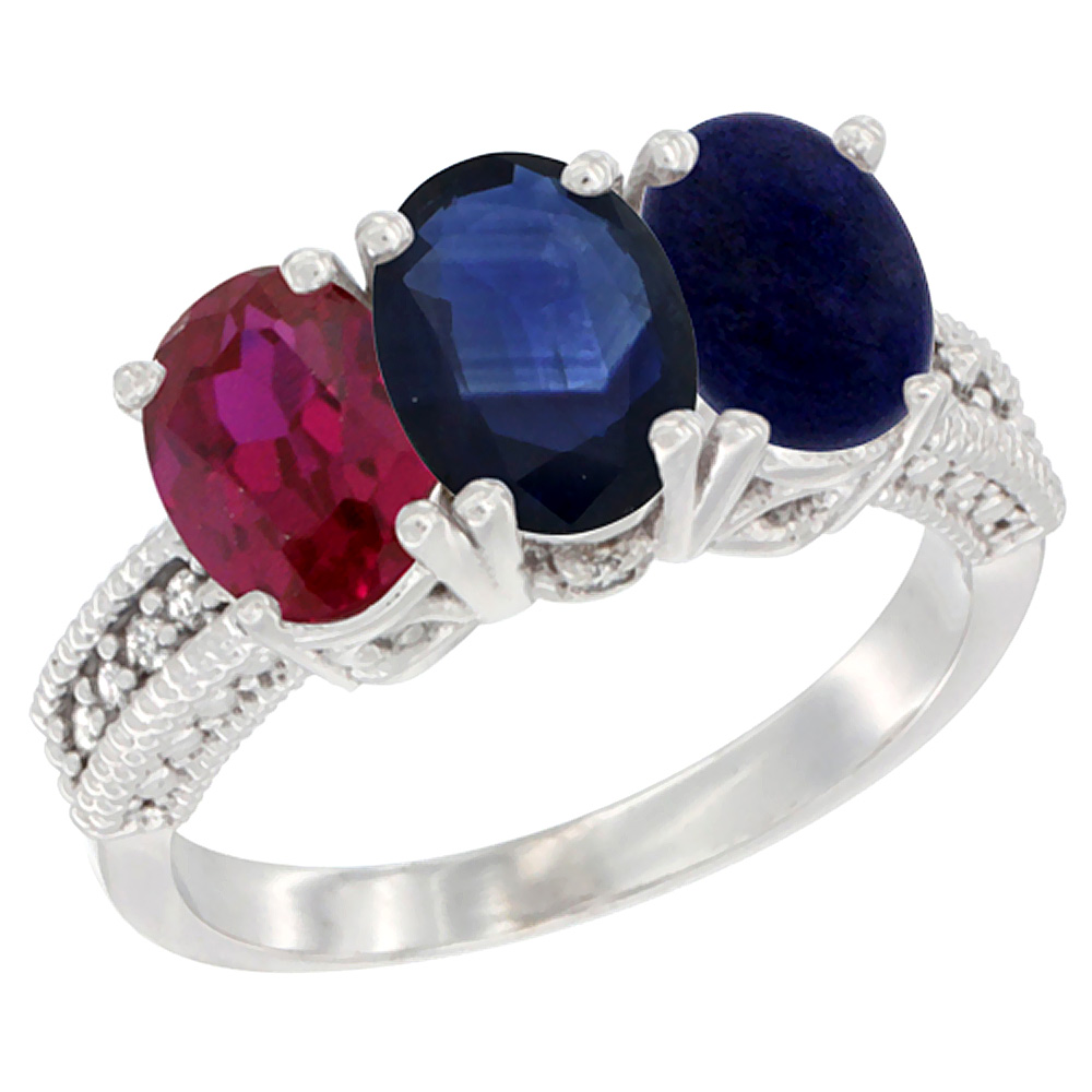 14K White Gold Enhanced Enhanced Ruby, Natural Blue Sapphire &amp; Lapis Ring 3-Stone Oval 7x5 mm Diamond Accent, sizes 5 - 10