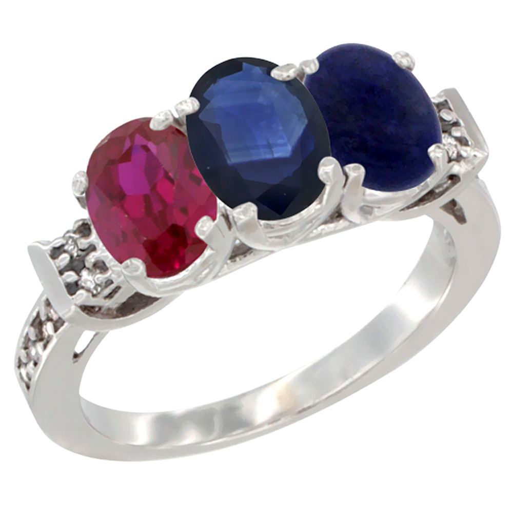 14K White Gold Enhanced Ruby, Natural Blue Sapphire & Lapis Ring 3-Stone Oval 7x5 mm Diamond Accent, sizes 5 - 10