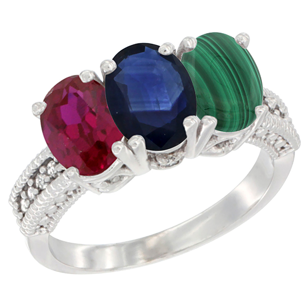 10K White Gold Enhanced Ruby, Natural Blue Sapphire &amp; Malachite Ring 3-Stone Oval 7x5 mm Diamond Accent, sizes 5 - 10
