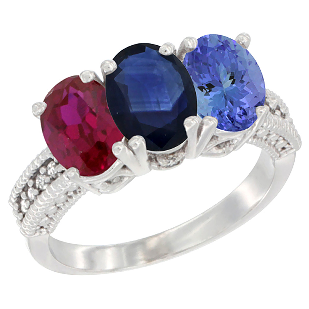 10K White Gold Enhanced Ruby, Natural Blue Sapphire &amp; Tanzanite Ring 3-Stone Oval 7x5 mm Diamond Accent, sizes 5 - 10