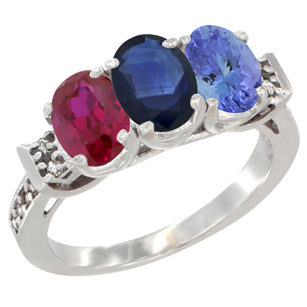 14K White Gold Enhanced Ruby, Natural Blue Sapphire &amp; Tanzanite Ring 3-Stone Oval 7x5 mm Diamond Accent, sizes 5 - 10