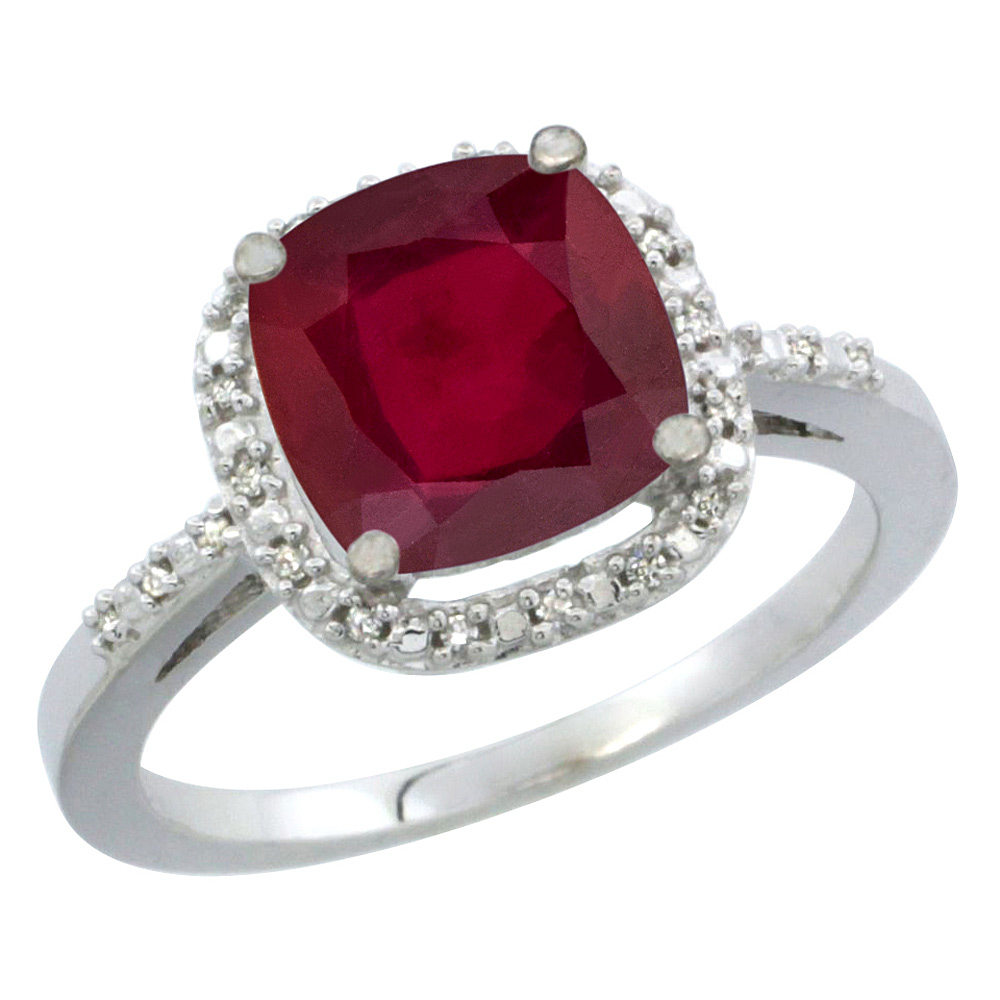 14K White Gold Diamond and Enhanced Genuine Ruby Ring Cushion-cut 8x8mm, sizes 5-10