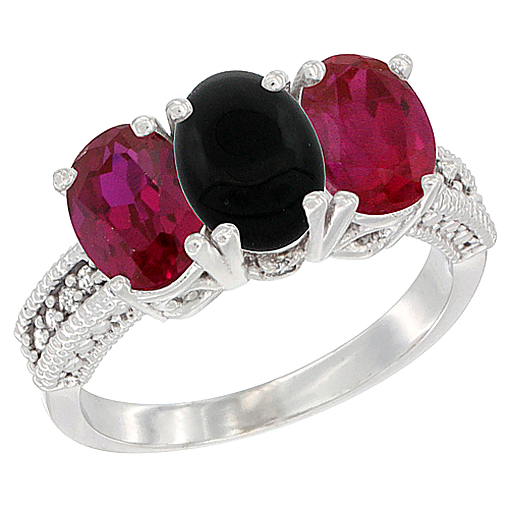 14K White Gold Natural Black Onyx &amp; Enhanced Ruby Sides Ring 3-Stone Oval 7x5 mm Diamond Accent, sizes 5 - 10