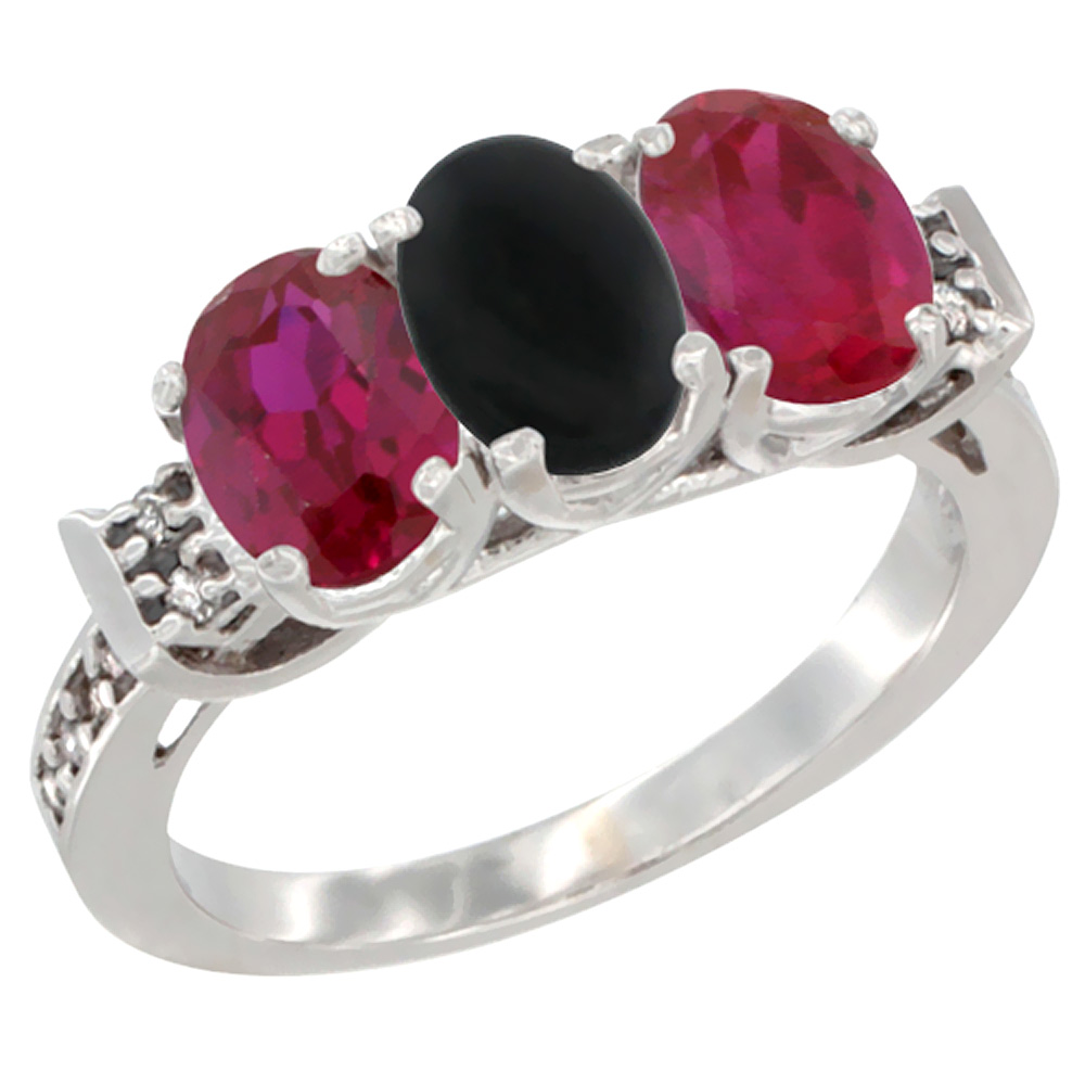 14K White Gold Natural Black Onyx & Enhanced Ruby Sides Ring 3-Stone Oval 7x5 mm Diamond Accent, sizes 5 - 10