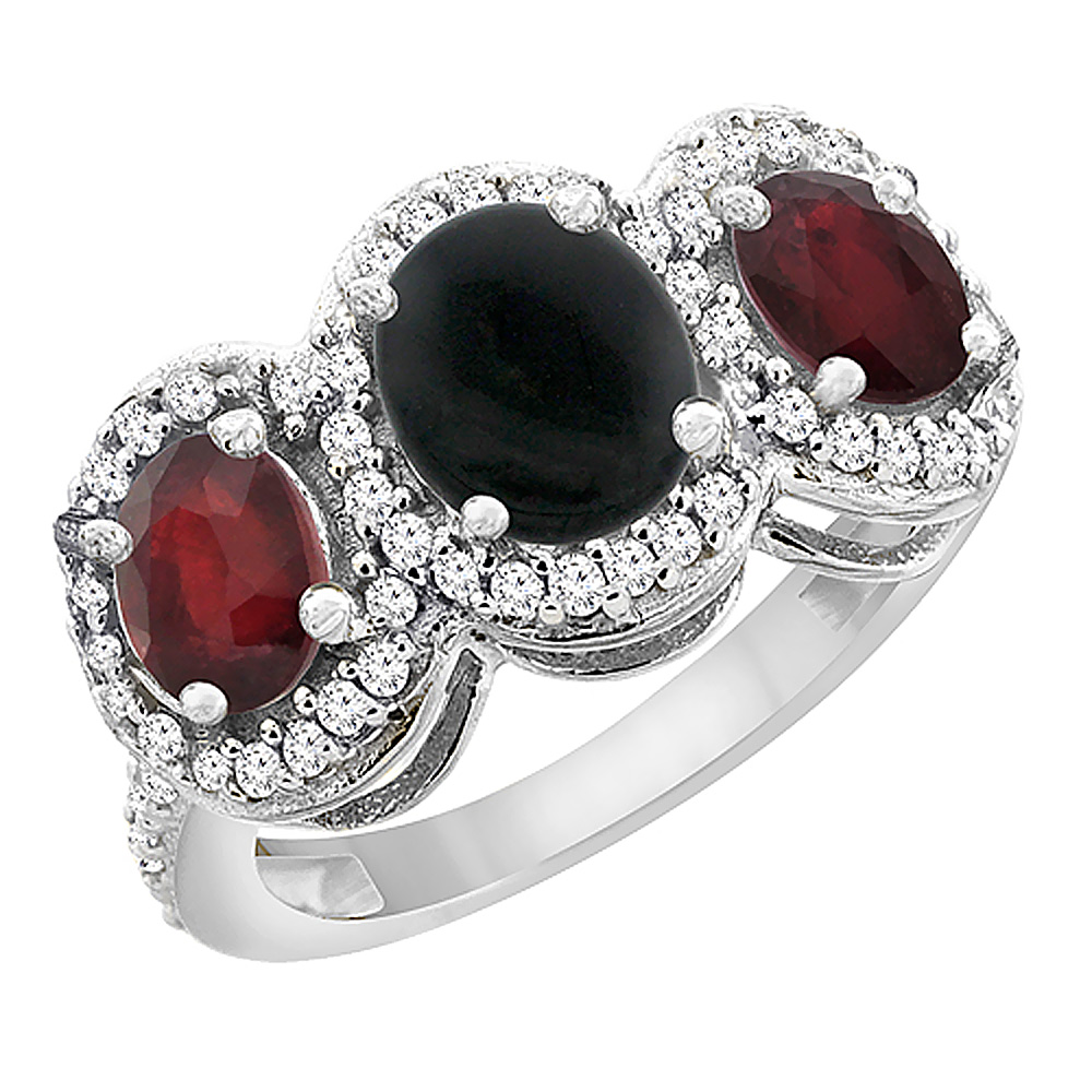 10K White Gold Natural Black Onyx &amp; Enhanced Ruby 3-Stone Ring Oval Diamond Accent, sizes 5 - 10