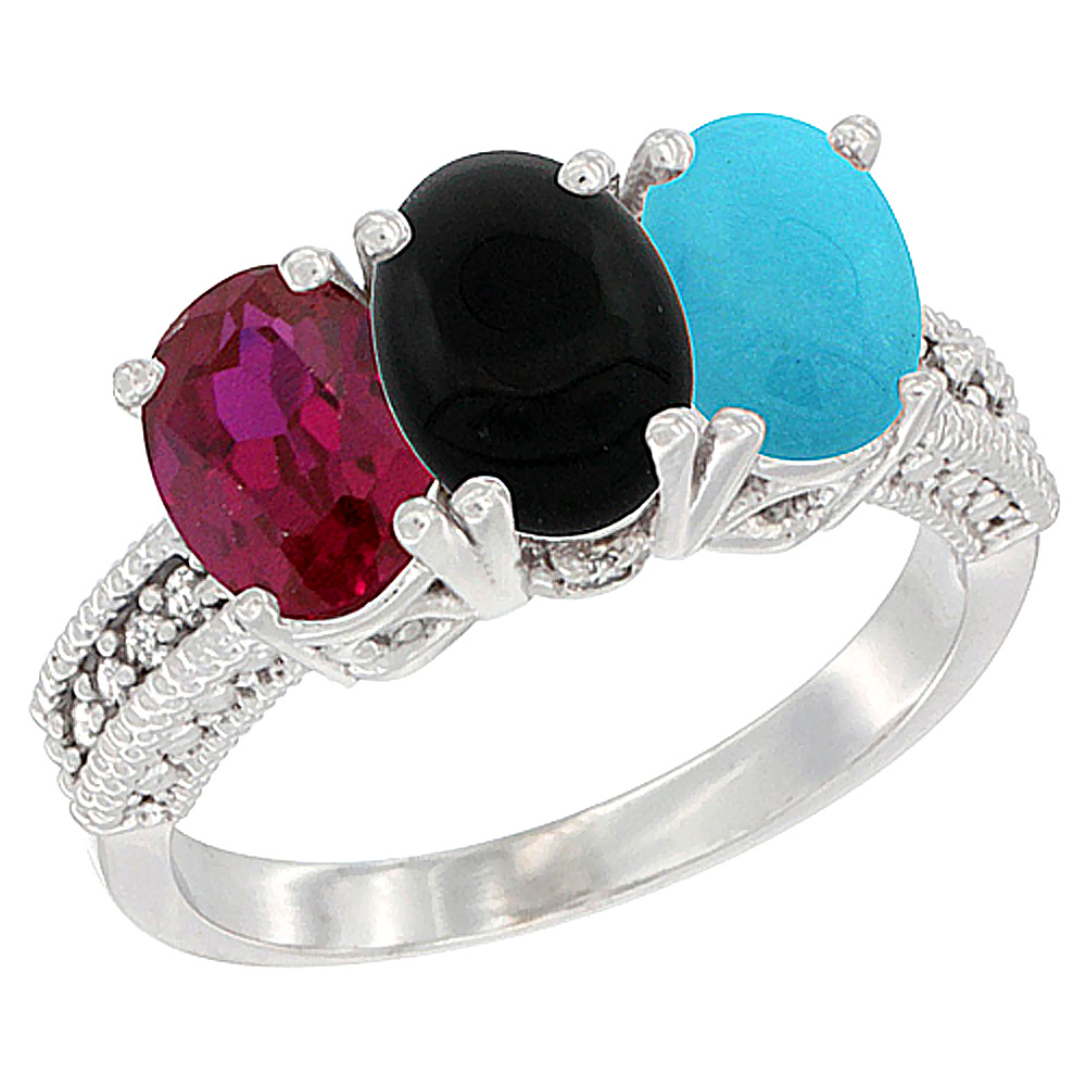 14K White Gold Enhanced Enhanced Ruby, Natural Black Onyx & Turquoise Ring 3-Stone Oval 7x5 mm Diamond Accent, sizes 5 - 10
