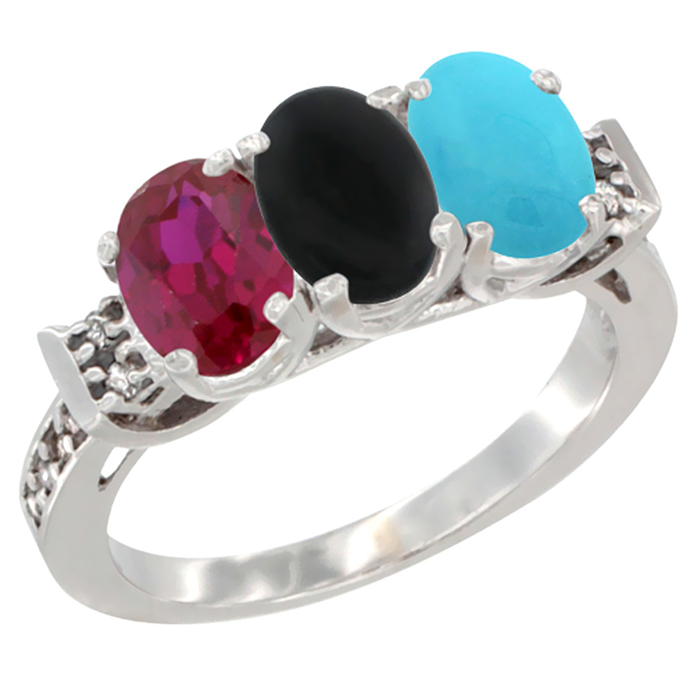 10K White Gold Enhanced Ruby, Natural Black Onyx & Turquoise Ring 3-Stone Oval 7x5 mm Diamond Accent, sizes 5 - 10