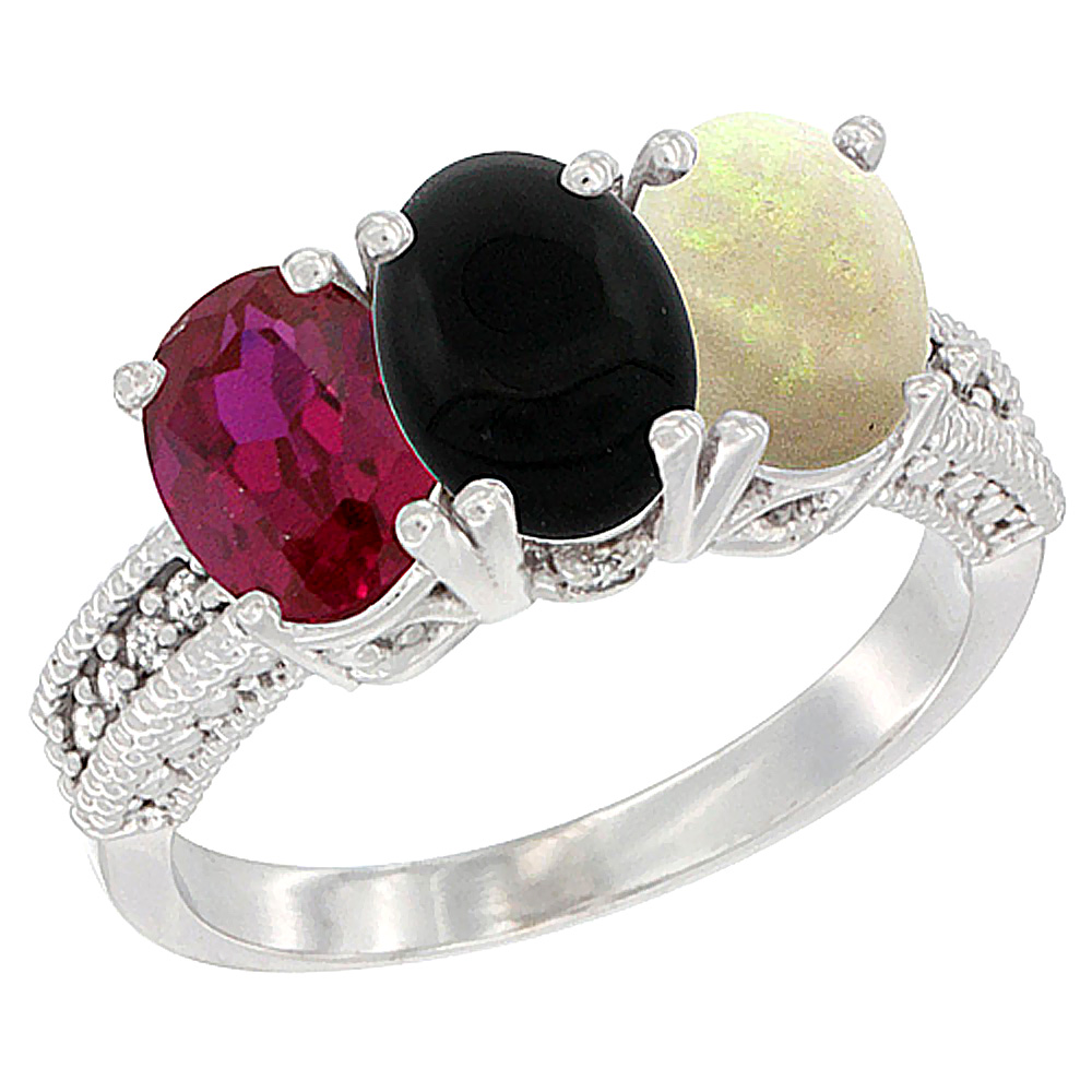 10K White Gold Enhanced Ruby, Natural Black Onyx & Opal Ring 3-Stone Oval 7x5 mm Diamond Accent, sizes 5 - 10