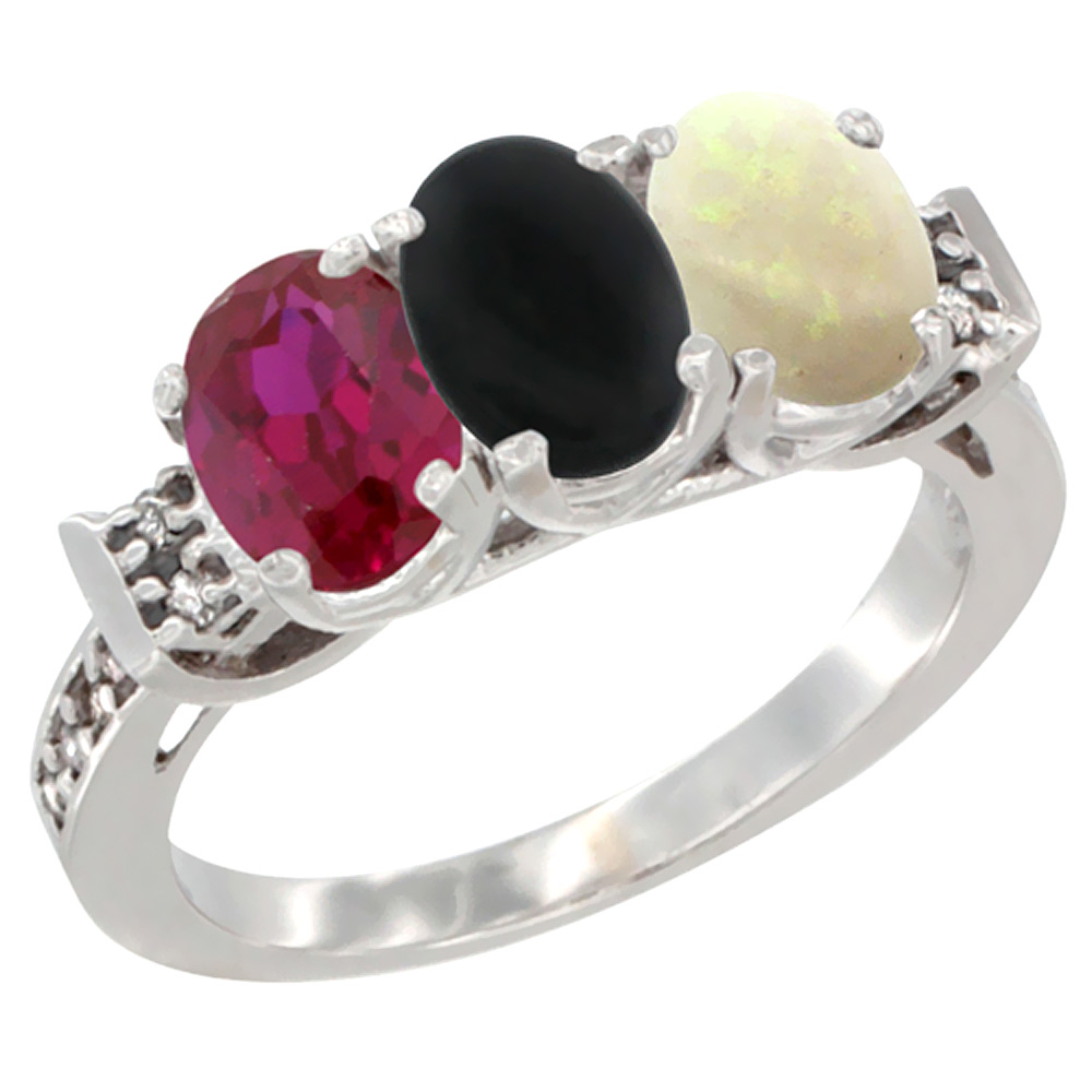 14K White Gold Enhanced Ruby, Natural Black Onyx &amp; Opal Ring 3-Stone Oval 7x5 mm Diamond Accent, sizes 5 - 10