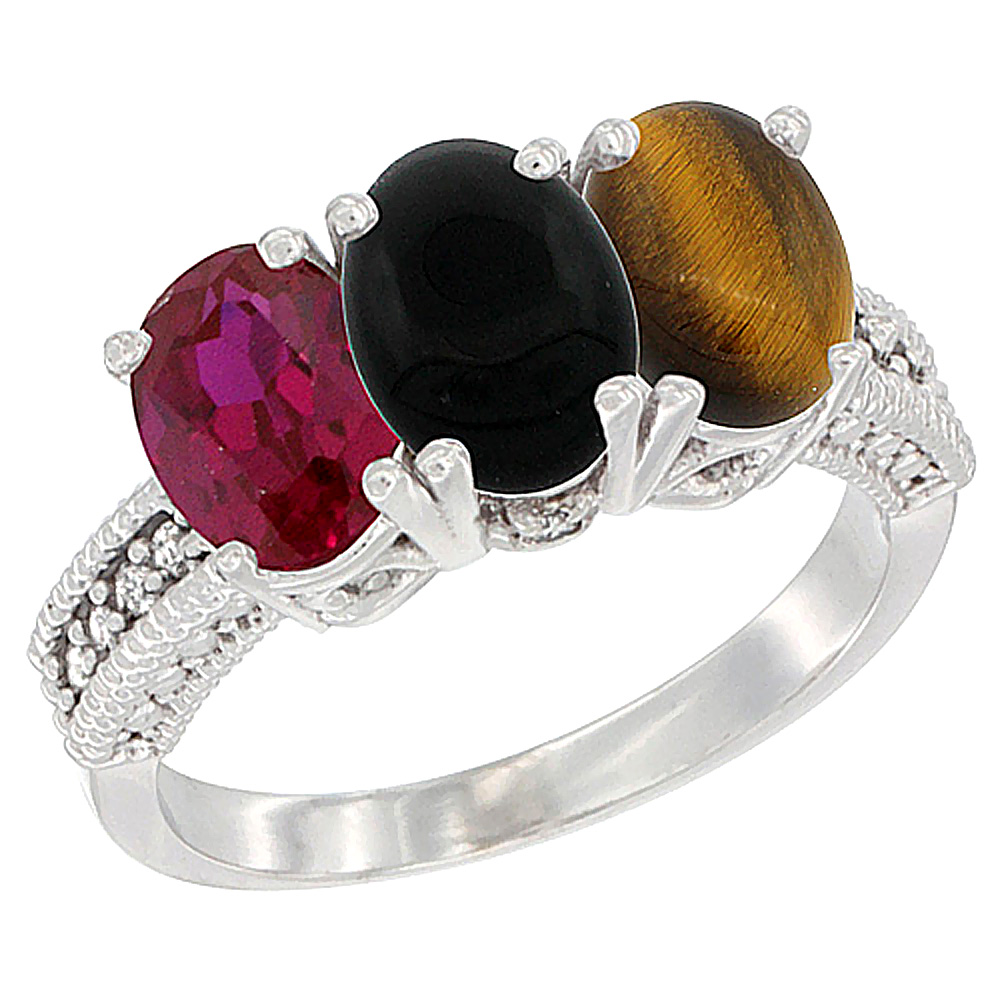 10K White Gold Enhanced Ruby, Natural Black Onyx &amp; Tiger Eye Ring 3-Stone Oval 7x5 mm Diamond Accent, sizes 5 - 10