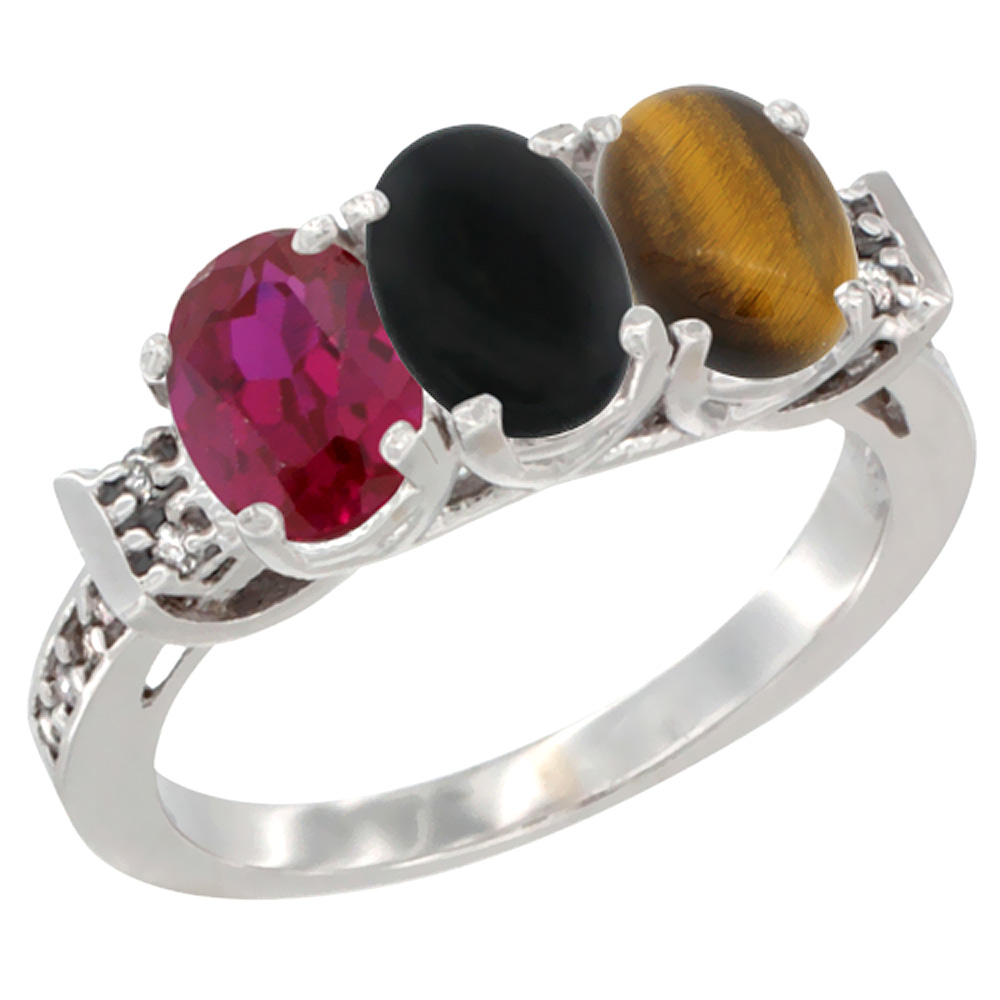 10K White Gold Enhanced Ruby, Natural Black Onyx & Tiger Eye Ring 3-Stone Oval 7x5 mm Diamond Accent, sizes 5 - 10