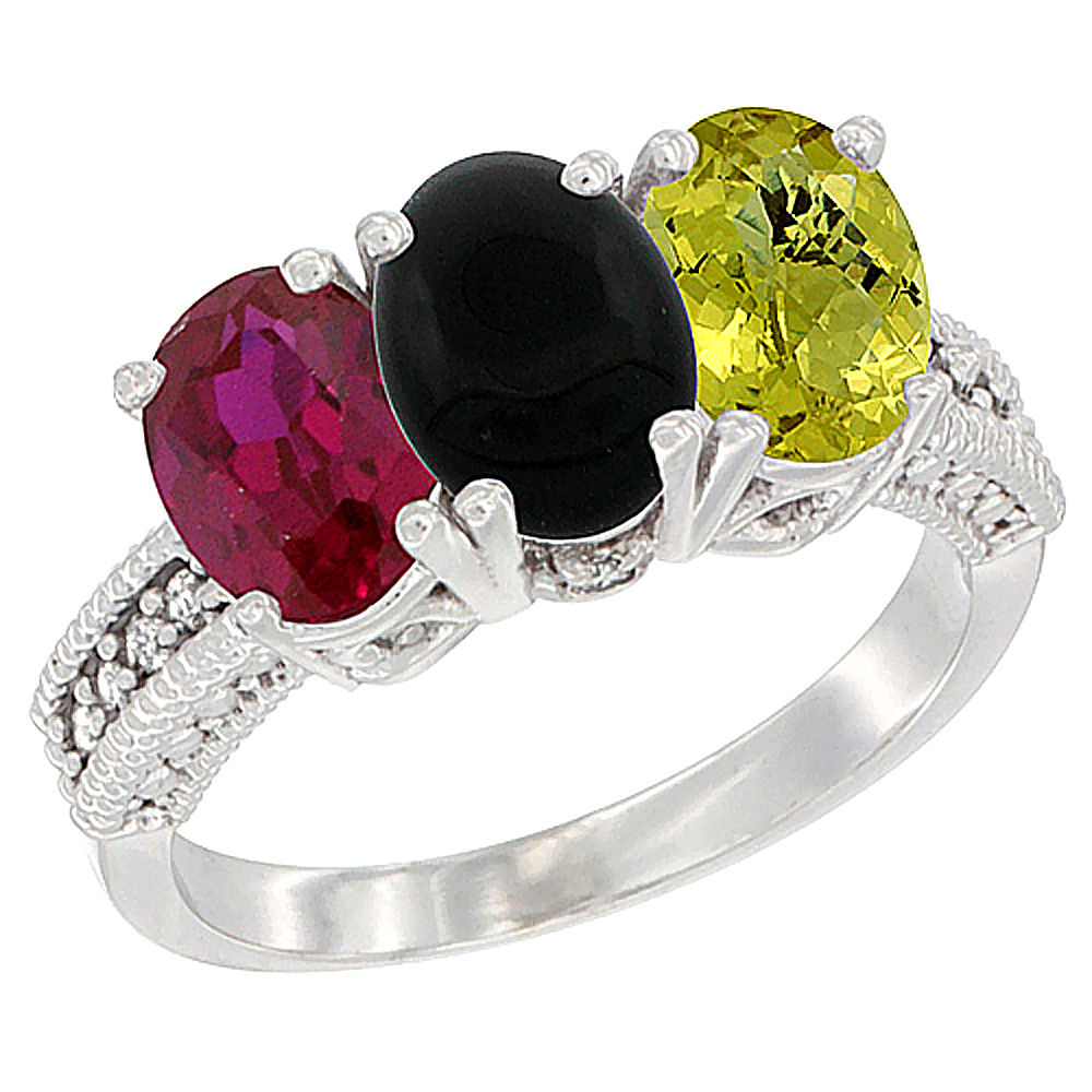 10K White Gold Enhanced Ruby, Natural Black Onyx & Lemon Quartz Ring 3-Stone Oval 7x5 mm Diamond Accent, sizes 5 - 10