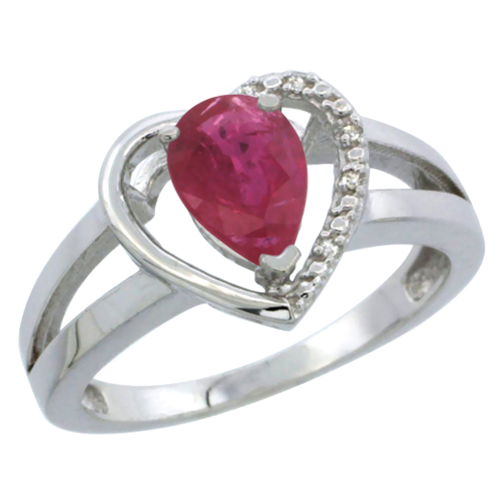 14K White Gold Natural Ruby Heart Ring Pear 7x5 mm Diamond Accent, sizes 5-10