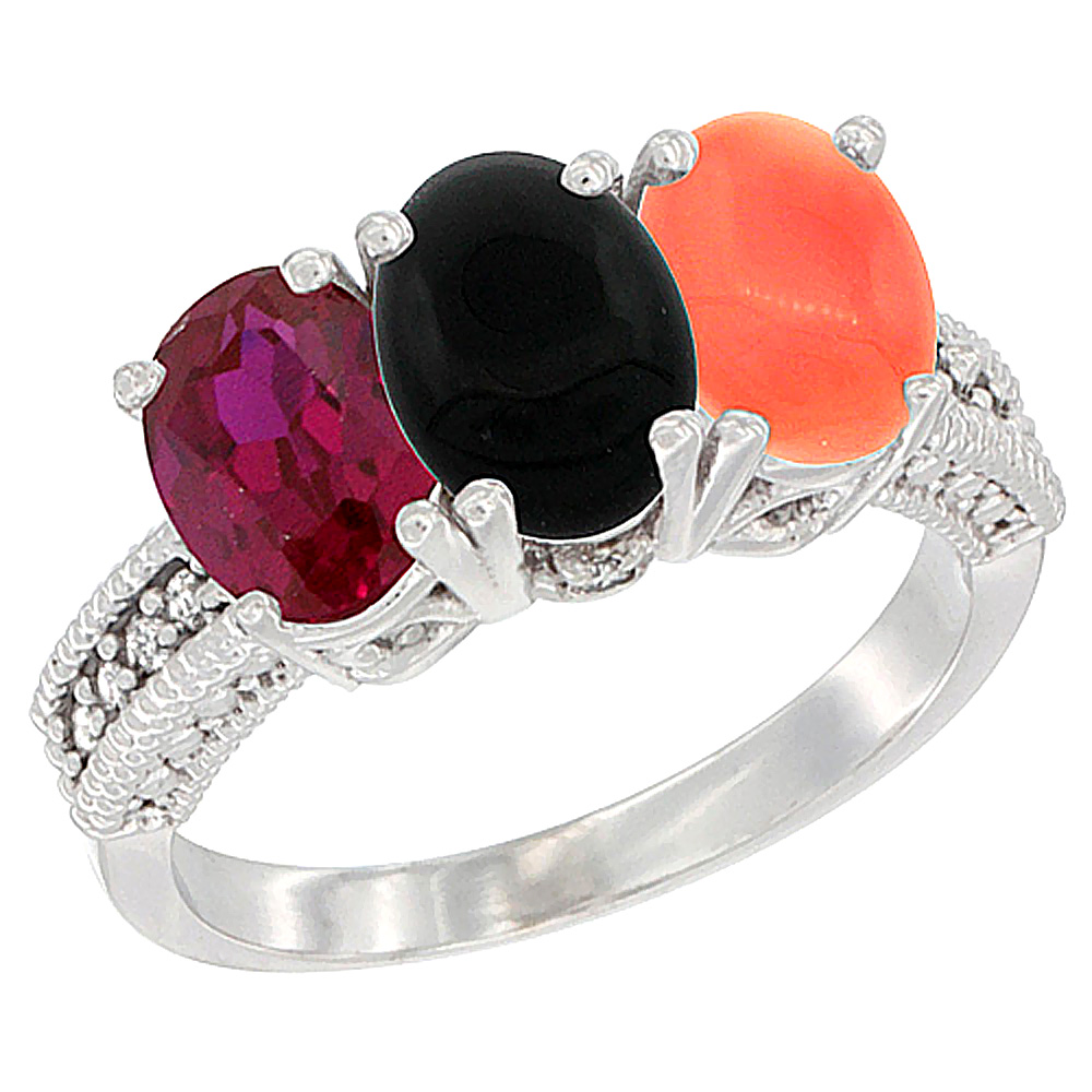 14K White Gold Enhanced Enhanced Ruby, Natural Black Onyx & Coral Ring 3-Stone Oval 7x5 mm Diamond Accent, sizes 5 - 10