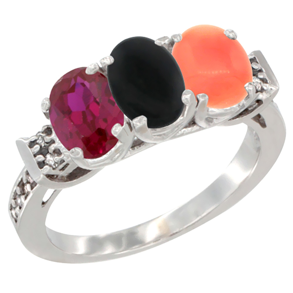 10K White Gold Enhanced Ruby, Natural Black Onyx & Coral Ring 3-Stone Oval 7x5 mm Diamond Accent, sizes 5 - 10