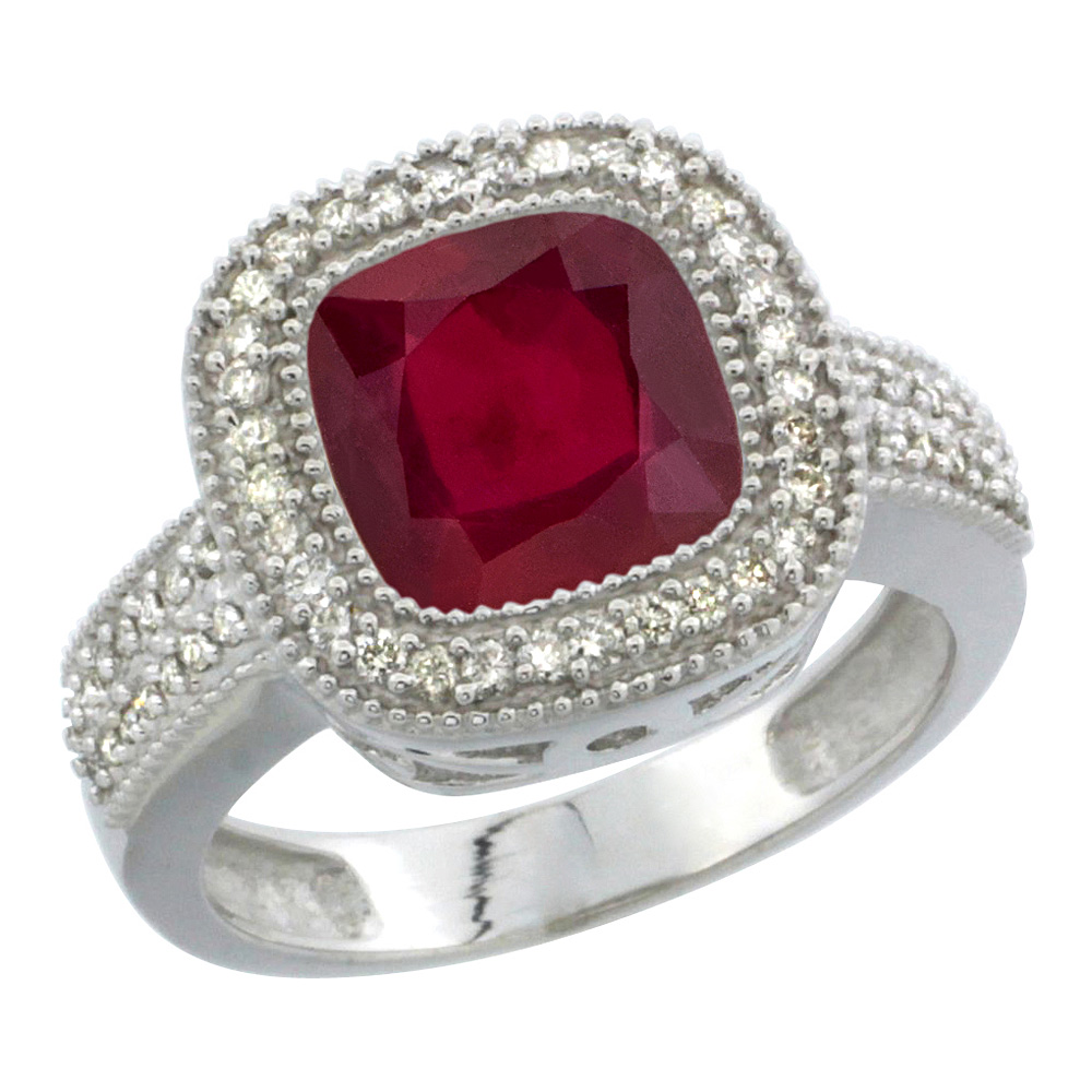 14K White Gold Diamond and Enhanced Genuine Ruby Ring Cushion-cut 9x9mm, sizes 5-10