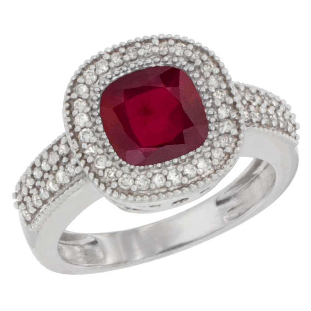 14K White Gold Diamond and Enhanced Genuine Ruby Ring Cushion-cut 7x7mm, sizes 5-10