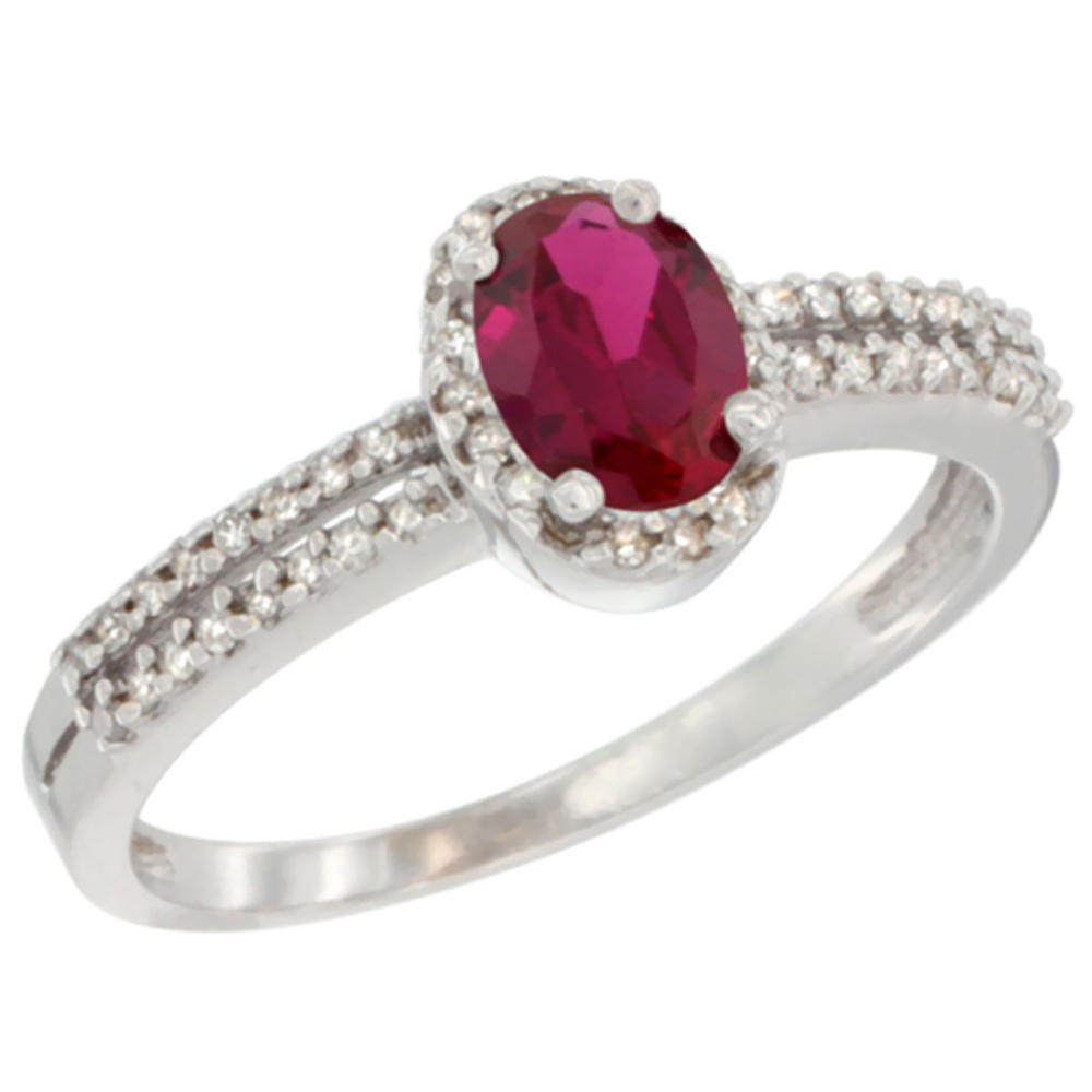 14K White Gold Enhanced Ruby Ring Oval 6x4mm Diamond Accent, sizes 5-10