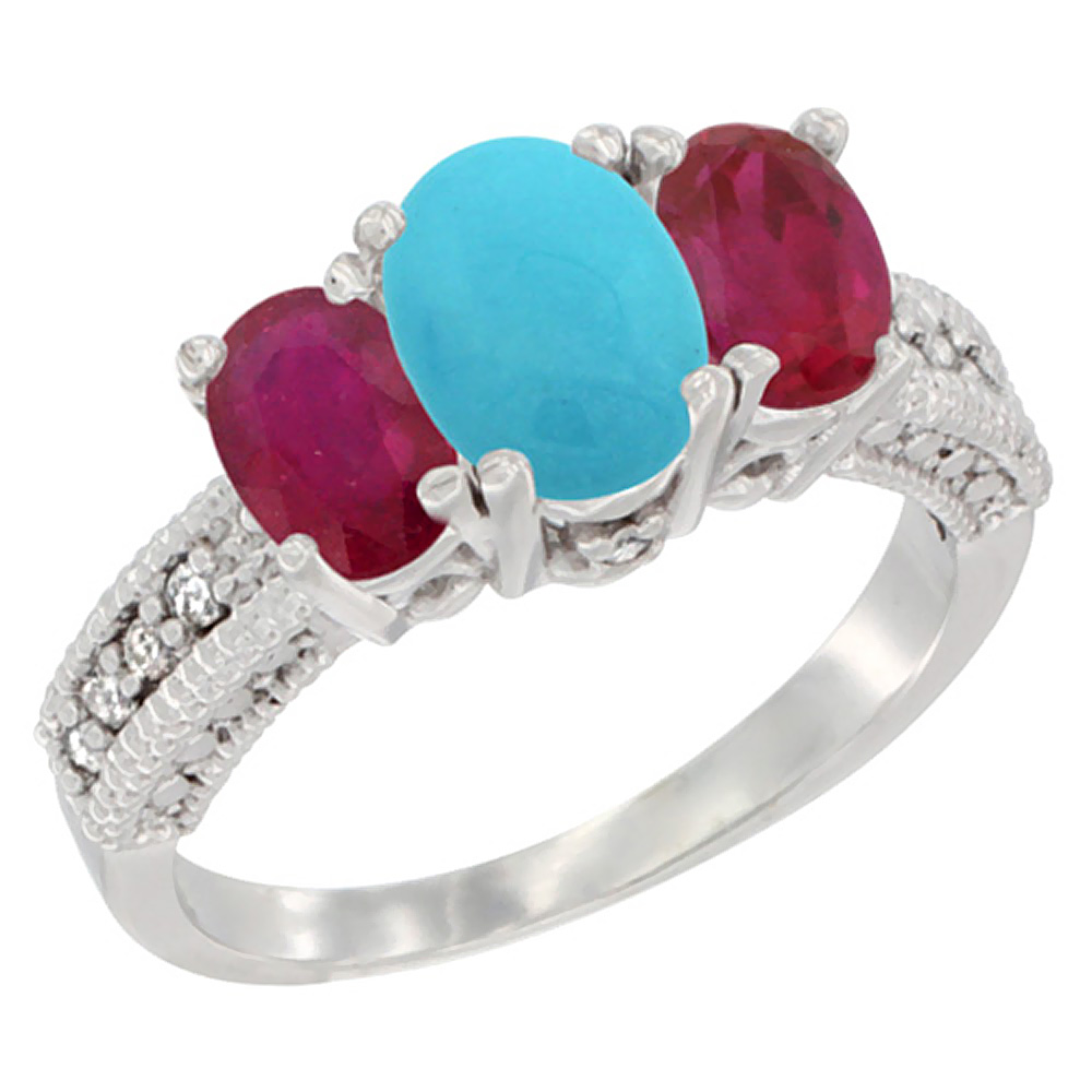 14K White Gold Diamond Natural Turquoise Ring Oval 3-stone with Enhanced Ruby, sizes 5 - 10