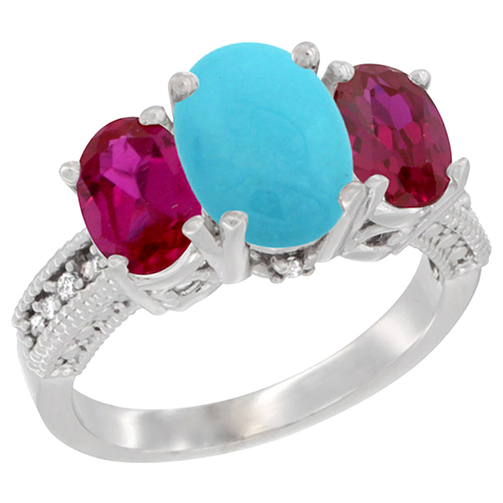10K White Gold Diamond Natural Turquoise Ring 3-Stone Oval 8x6mm with Ruby, sizes5-10